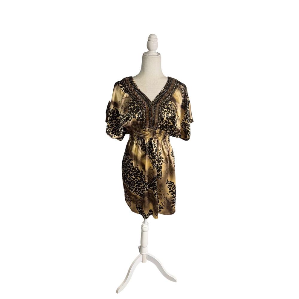 Y2K Style Calessa Leopard Satin Mini Dress S Jeweled Batwing Clubwear